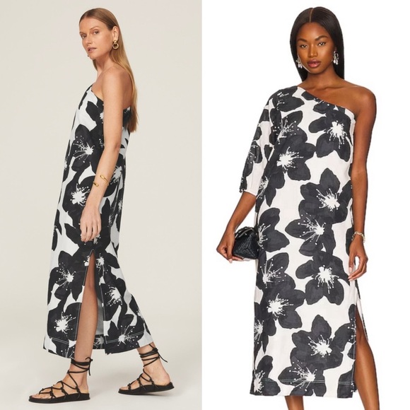 SOMETHING NAVY Floral Print Linen Cotton One Shoulder Puff Sleeve Column Gown L - Picture 3 of 13